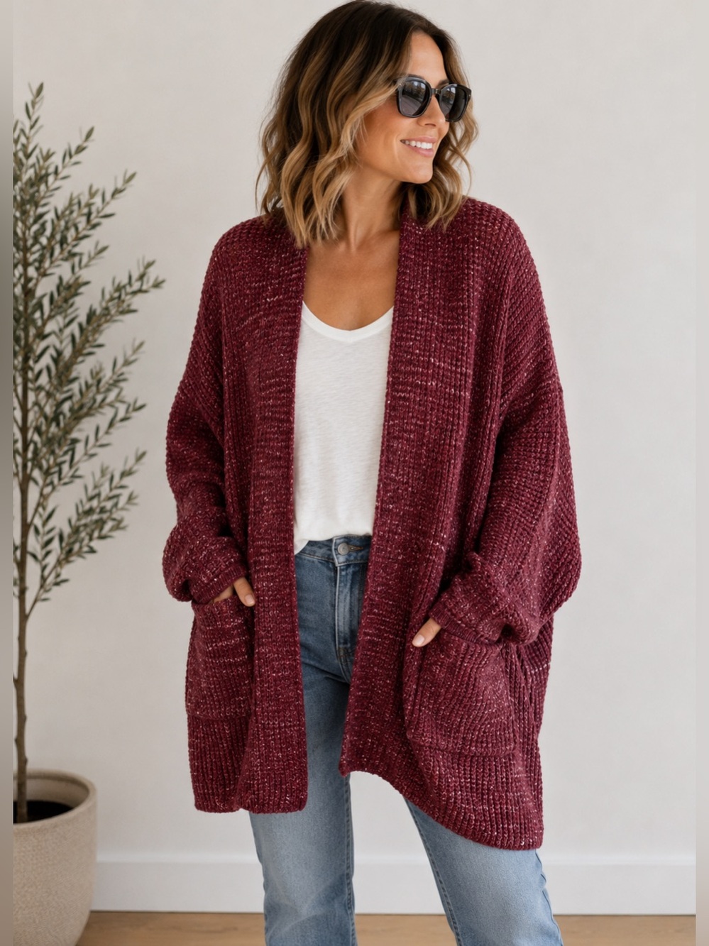 Universal Thread XL Burgundy Open Front Chunky Knit Cardigan Dolman Pockets